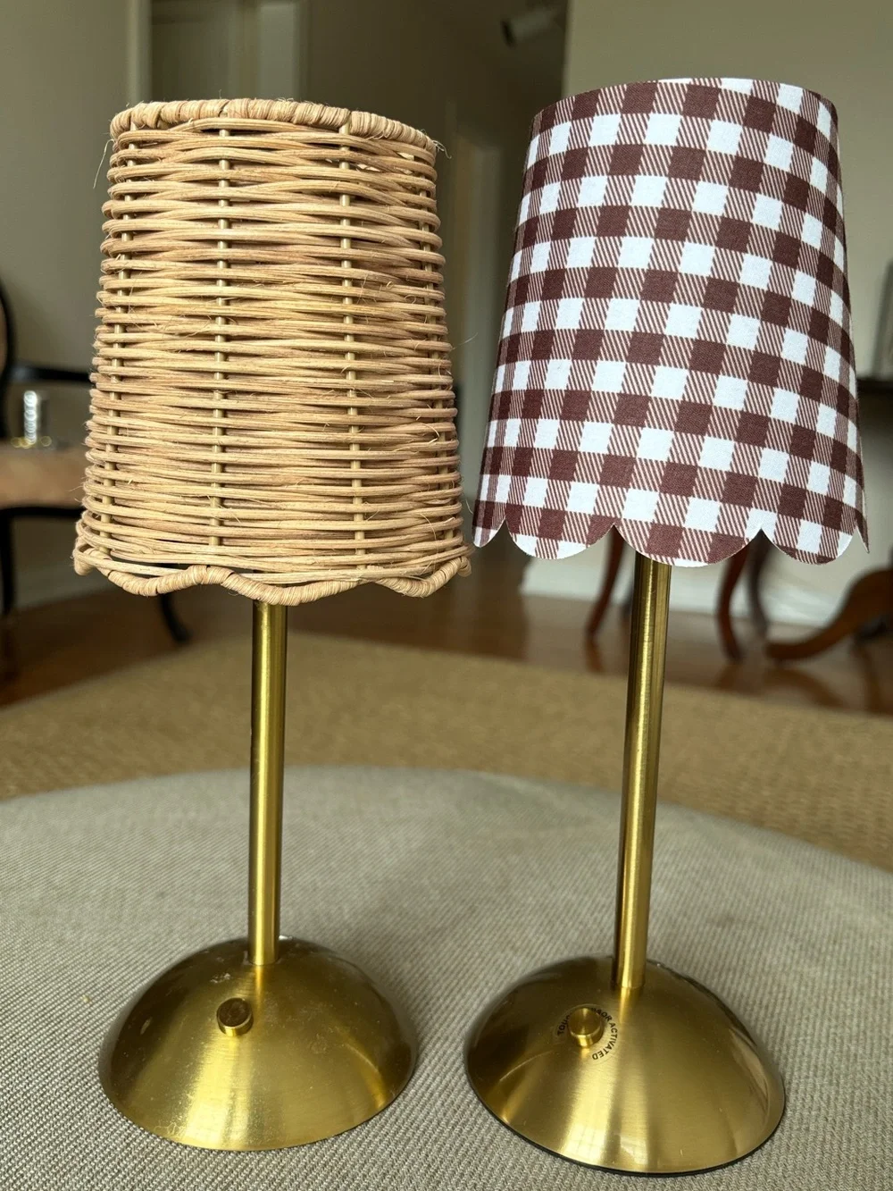 Rechargeable Pair of Mini Gold Table Lamps with Rattan & Gingham Shades
